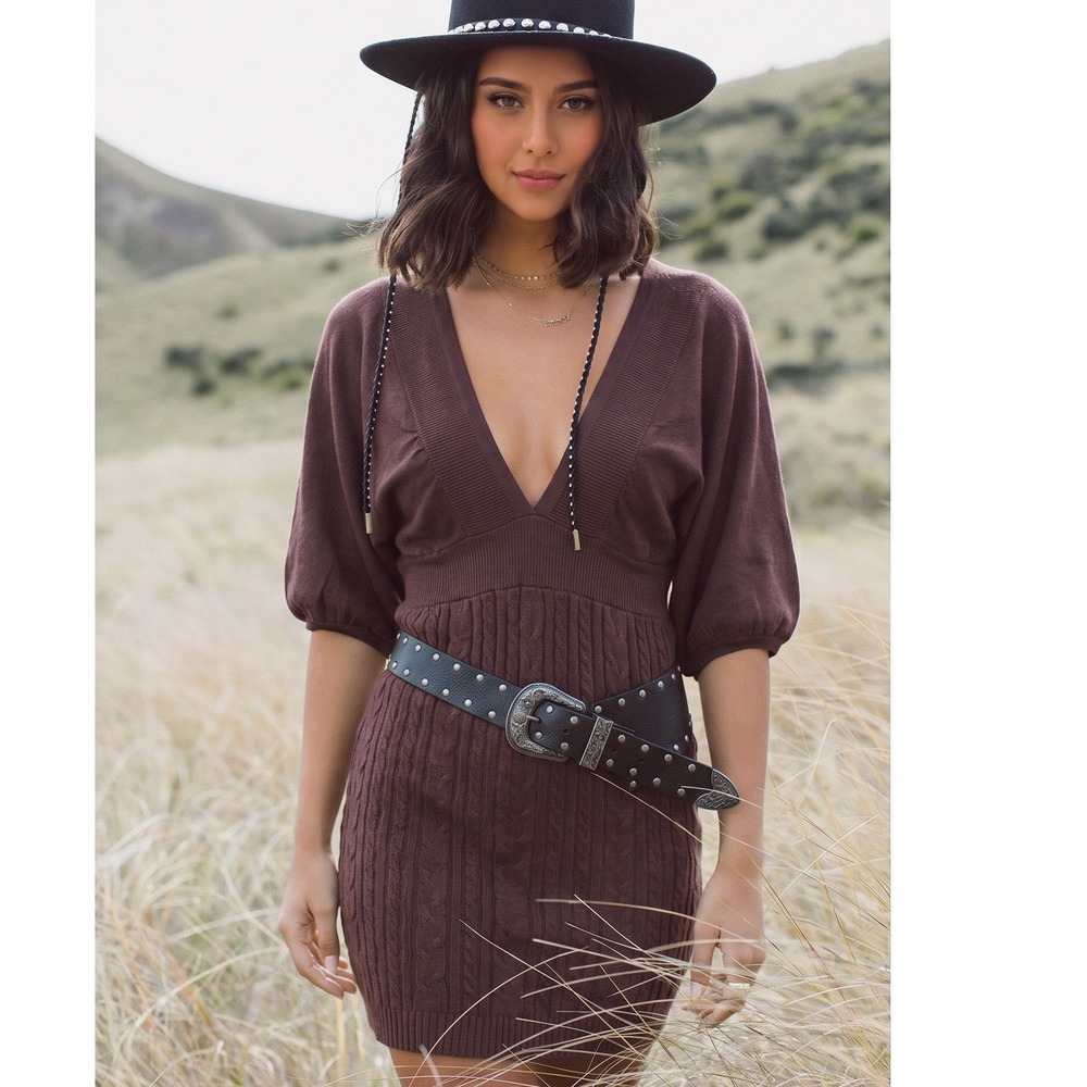 Hillard & Hanson NWT XL Brown Y2K Empire Waist Mini Dress Puff Sleeves Retro